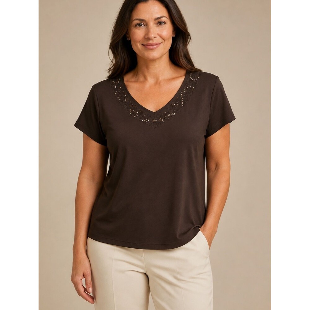 Chico's Chocolate Brown Embellished V-Neck Short Sleeve Tee